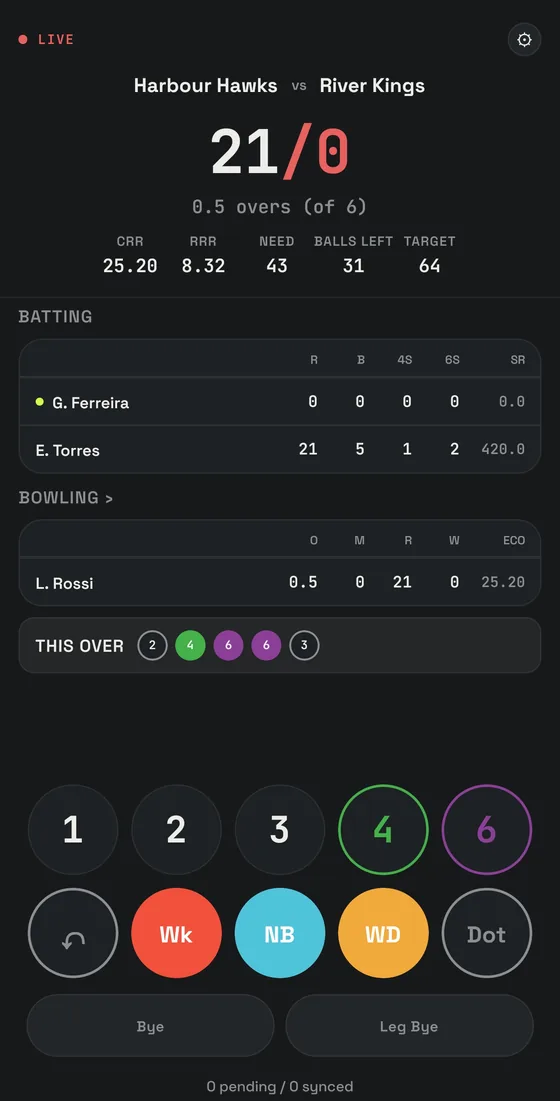 Mobile cricket scoring interface showing the live match score, run rate, target and the ball-by-ball scoring controls a scorer taps for each delivery.