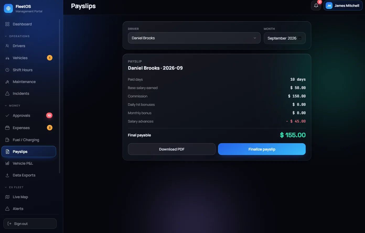 FleetOS payslip screen for a driver, showing paid days, base salary, commission, bonuses and salary advances totalled into a final payable amount.